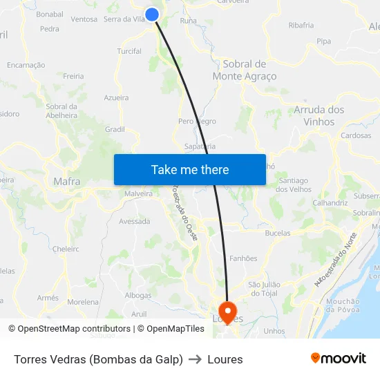 Torres Vedras (Bombas da Galp) to Loures map