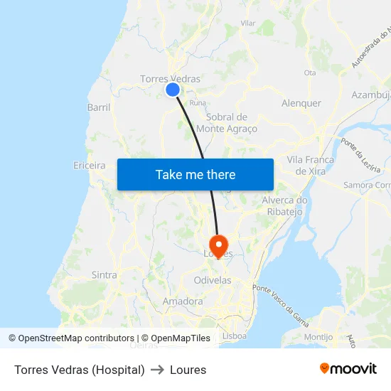 Torres Vedras (Hospital) to Loures map