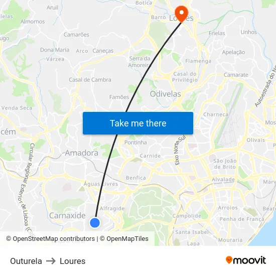 Outurela to Loures map