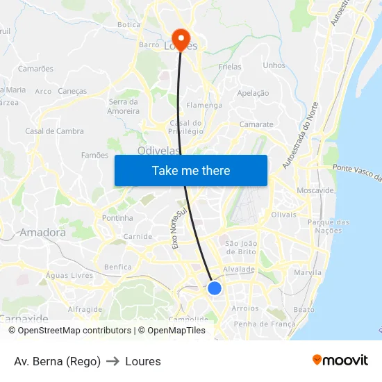 Av. Berna (Rego) to Loures map