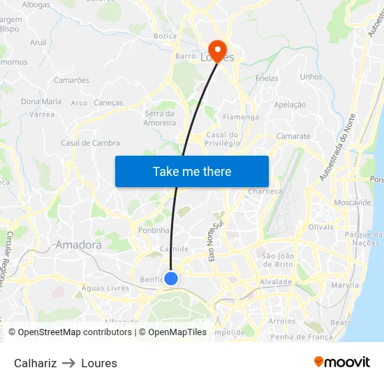 Calhariz to Loures map