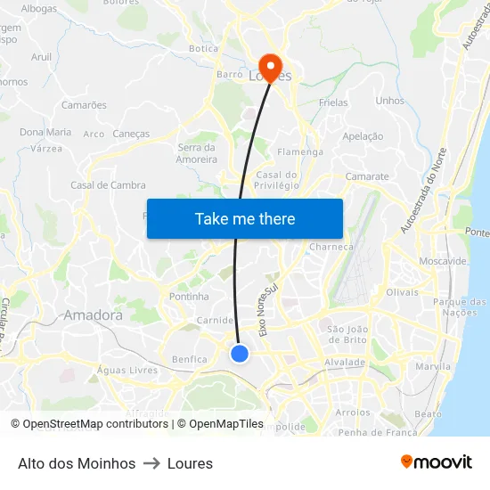 Alto dos Moinhos to Loures map