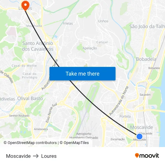 Moscavide to Loures map