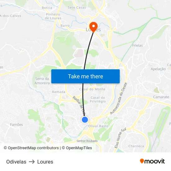 Odivelas to Loures map