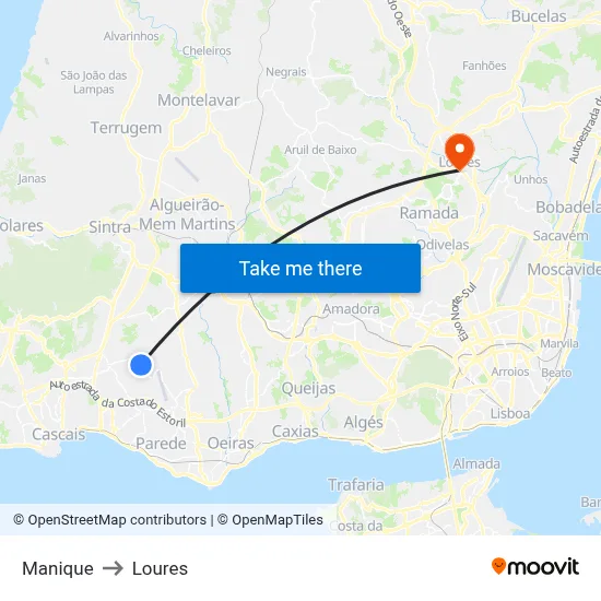 Manique to Loures map