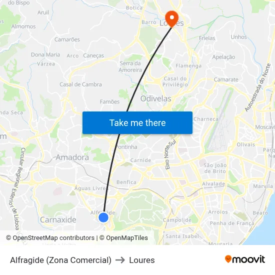 Alfragide (Zona Comercial) to Loures map