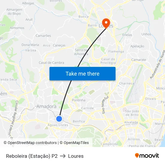 Reboleira (Estação) P2 to Loures map