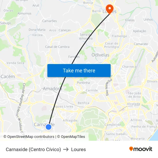 Carnaxide (Centro Cívico) to Loures map