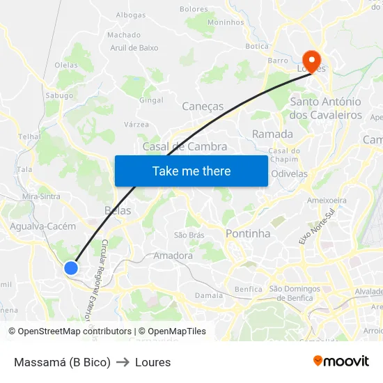 Massamá (B Bico) to Loures map