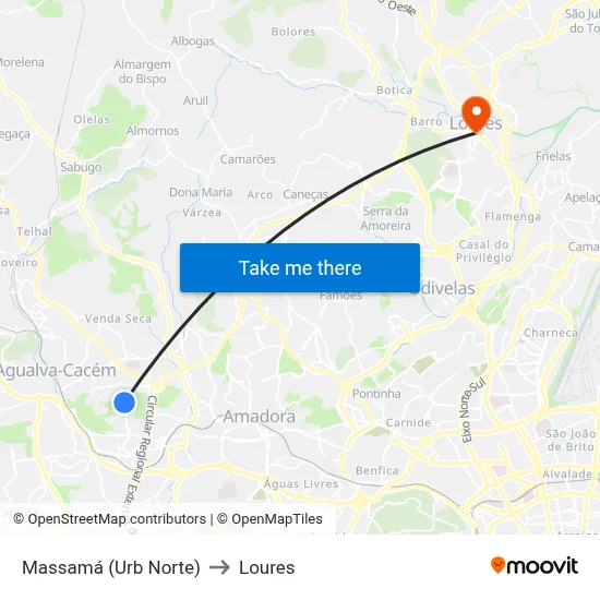 Massamá (Urb Norte) to Loures map