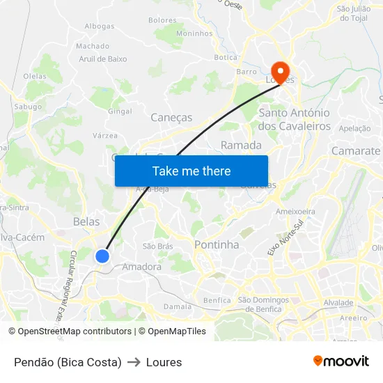 Pendão (Bica Costa) to Loures map