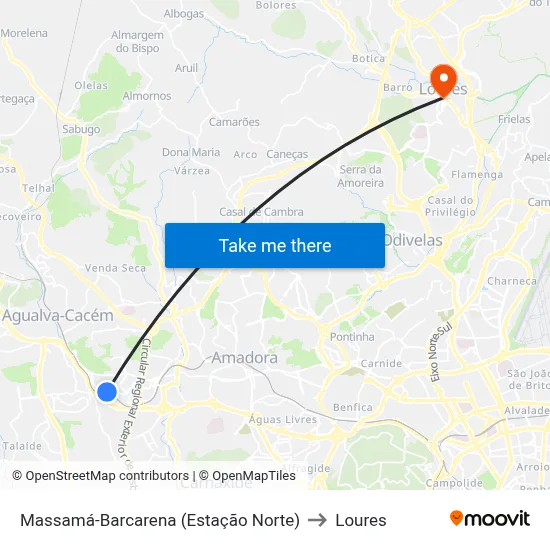 Massamá-Barcarena (Estação Norte) to Loures map