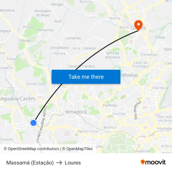 Massamá (Estação) to Loures map