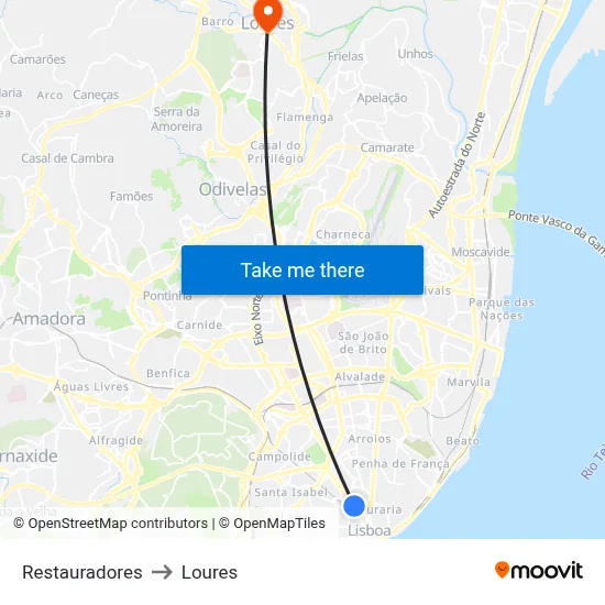 Restauradores to Loures map