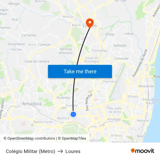 Colégio Militar (Metro) to Loures map