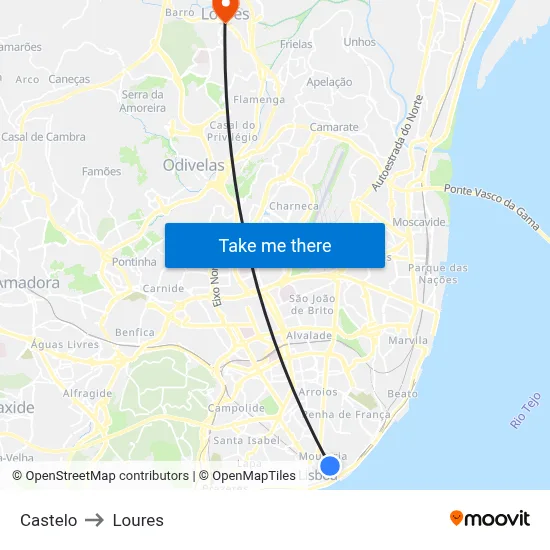 Castelo to Loures map