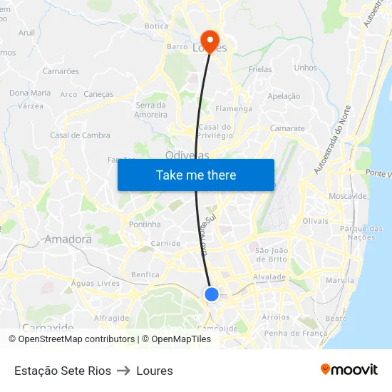 Estação Sete Rios to Loures map