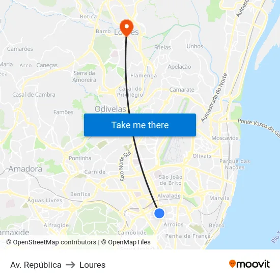 Av. República to Loures map