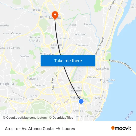 Areeiro - Av. Afonso Costa to Loures map