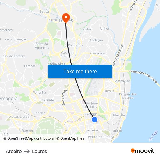 Areeiro to Loures map