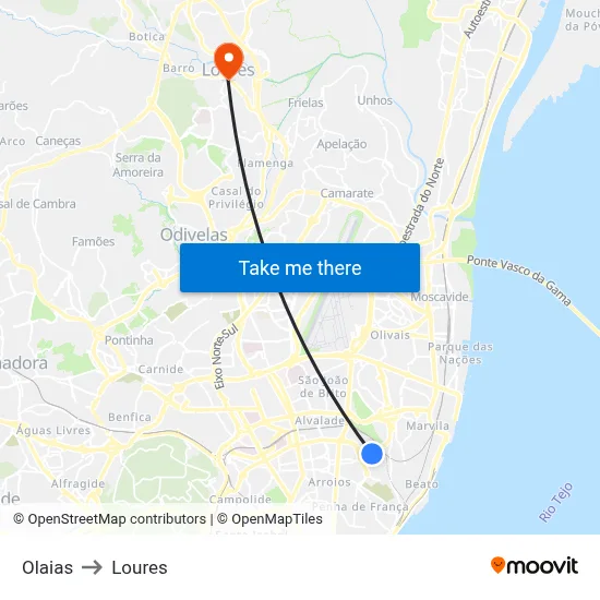 Olaias to Loures map