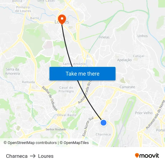 Charneca to Loures map