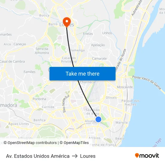 Av. Estados Unidos América to Loures map