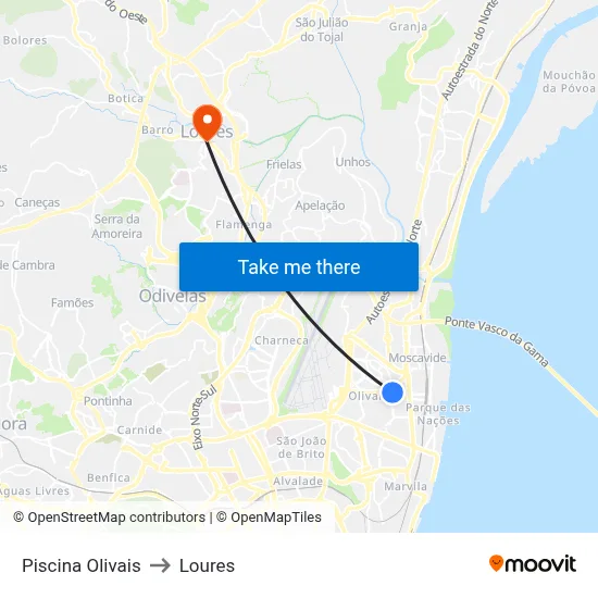 Piscina Olivais to Loures map