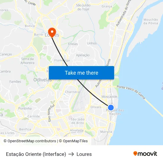 Estação Oriente (Interface) to Loures map