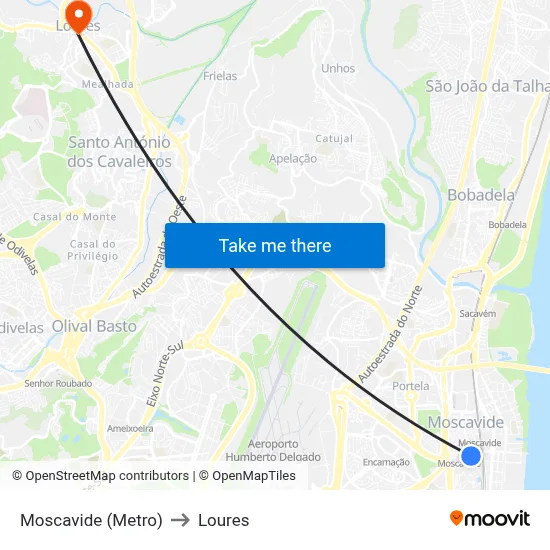 Moscavide (Metro) to Loures map