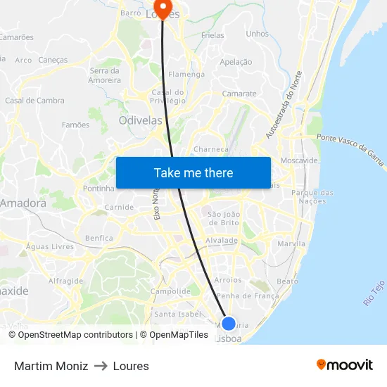 Martim Moniz to Loures map