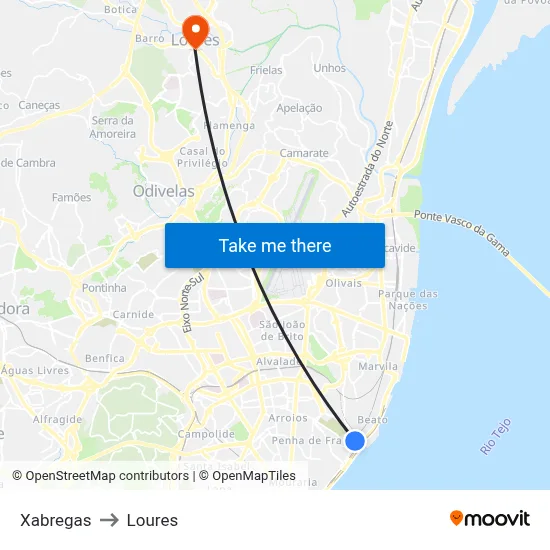 Xabregas to Loures map