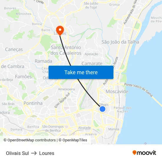 Olivais Sul to Loures map