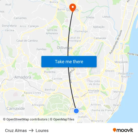 Cruz Almas to Loures map