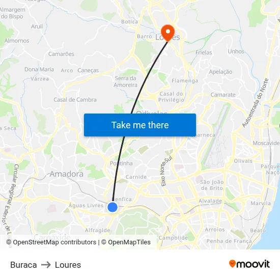 Buraca to Loures map