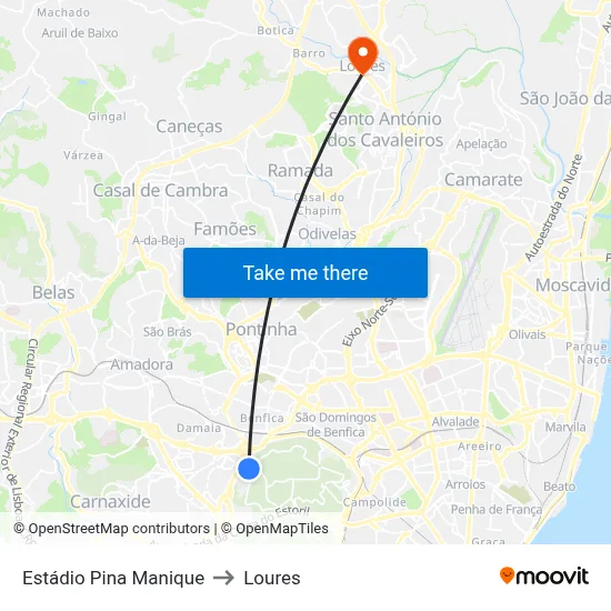 Estádio Pina Manique to Loures map