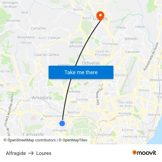 Alfragide to Loures map