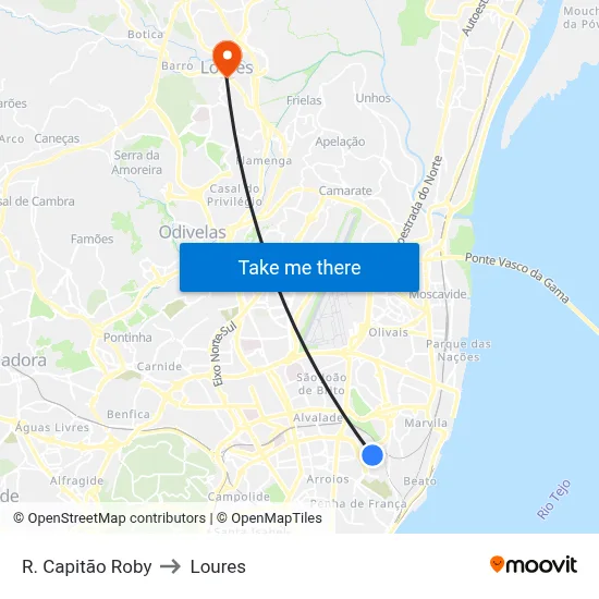 R. Capitão Roby to Loures map