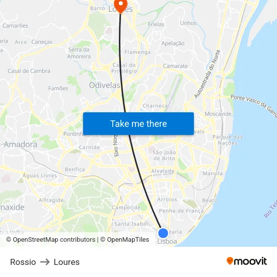 Rossio to Loures map