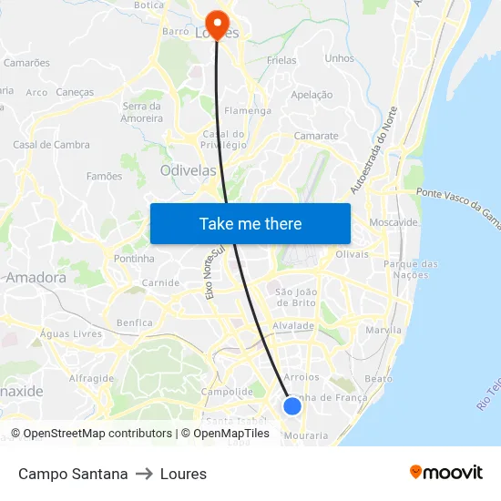 Campo Santana to Loures map