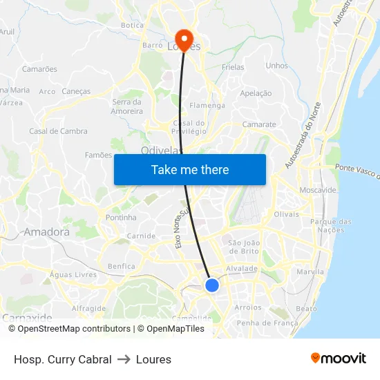 Hosp. Curry Cabral to Loures map