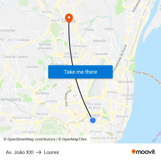 Av. João XXI to Loures map