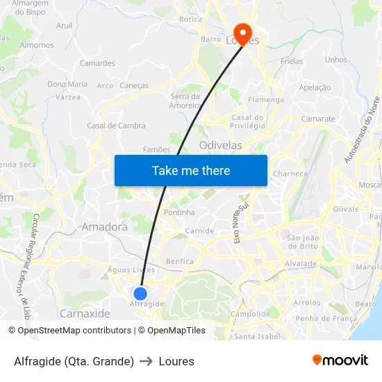 Alfragide (Qta. Grande) to Loures map