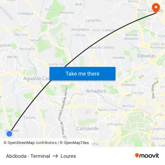 Abóboda - Terminal to Loures map