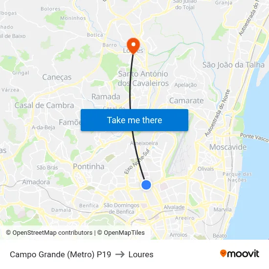 Campo Grande (Metro) P19 to Loures map