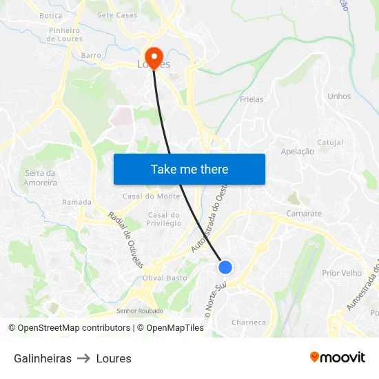 Galinheiras to Loures map