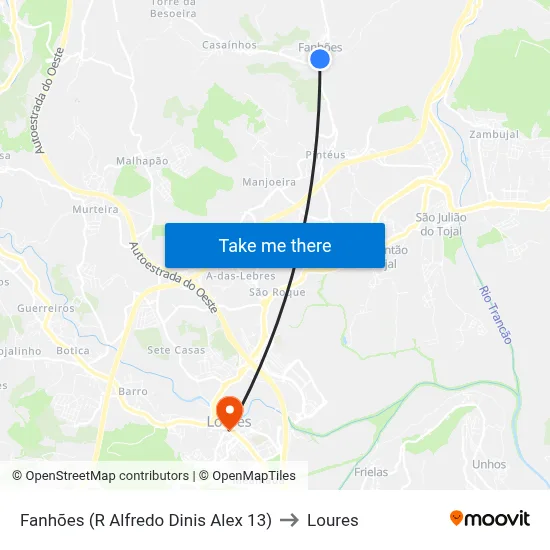 Fanhões (R Alfredo Dinis Alex 13) to Loures map