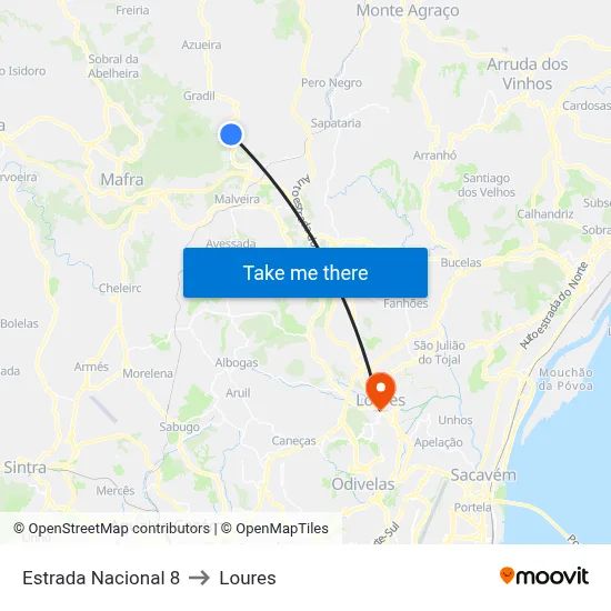 Estrada Nacional 8 to Loures map