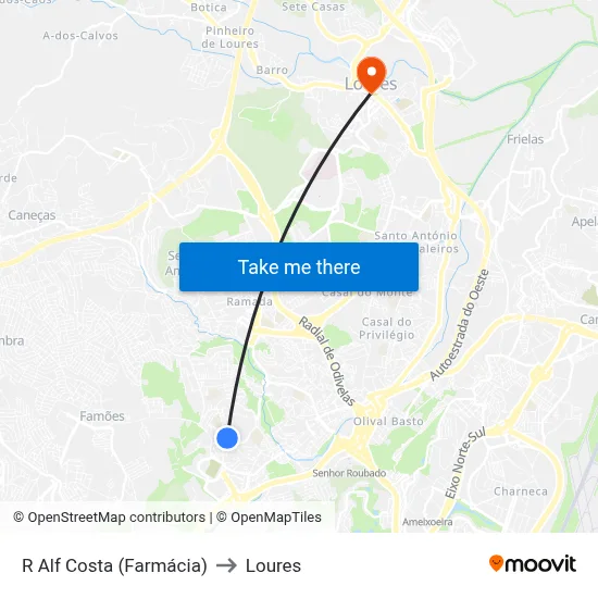 R Alf Costa (Farmácia) to Loures map