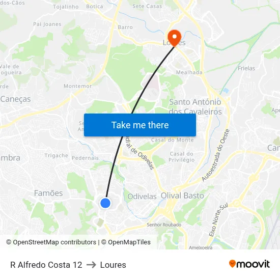 R Alfredo Costa 12 to Loures map